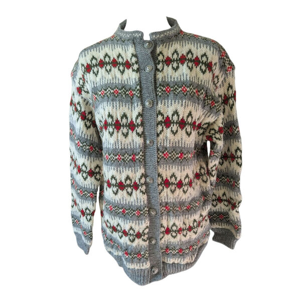 Vtg Nordic Wool Sweater Classic Fair Isle Metal Buttons Cream Gray Red - Picture 1 of 10